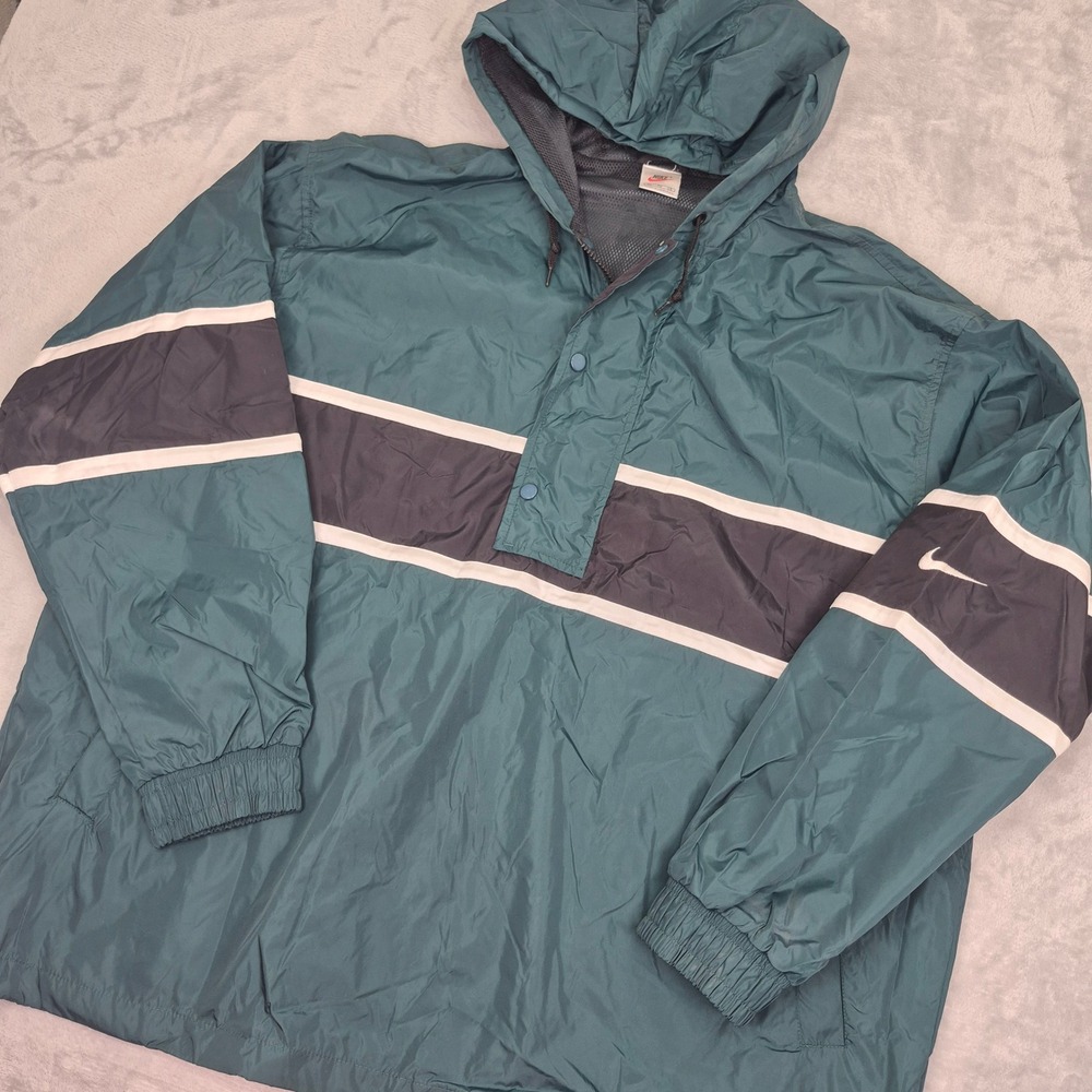 Vintage Nike Mens XL Teal Green Navy Colorblock Hooded Anorak Windbreaker Jacket